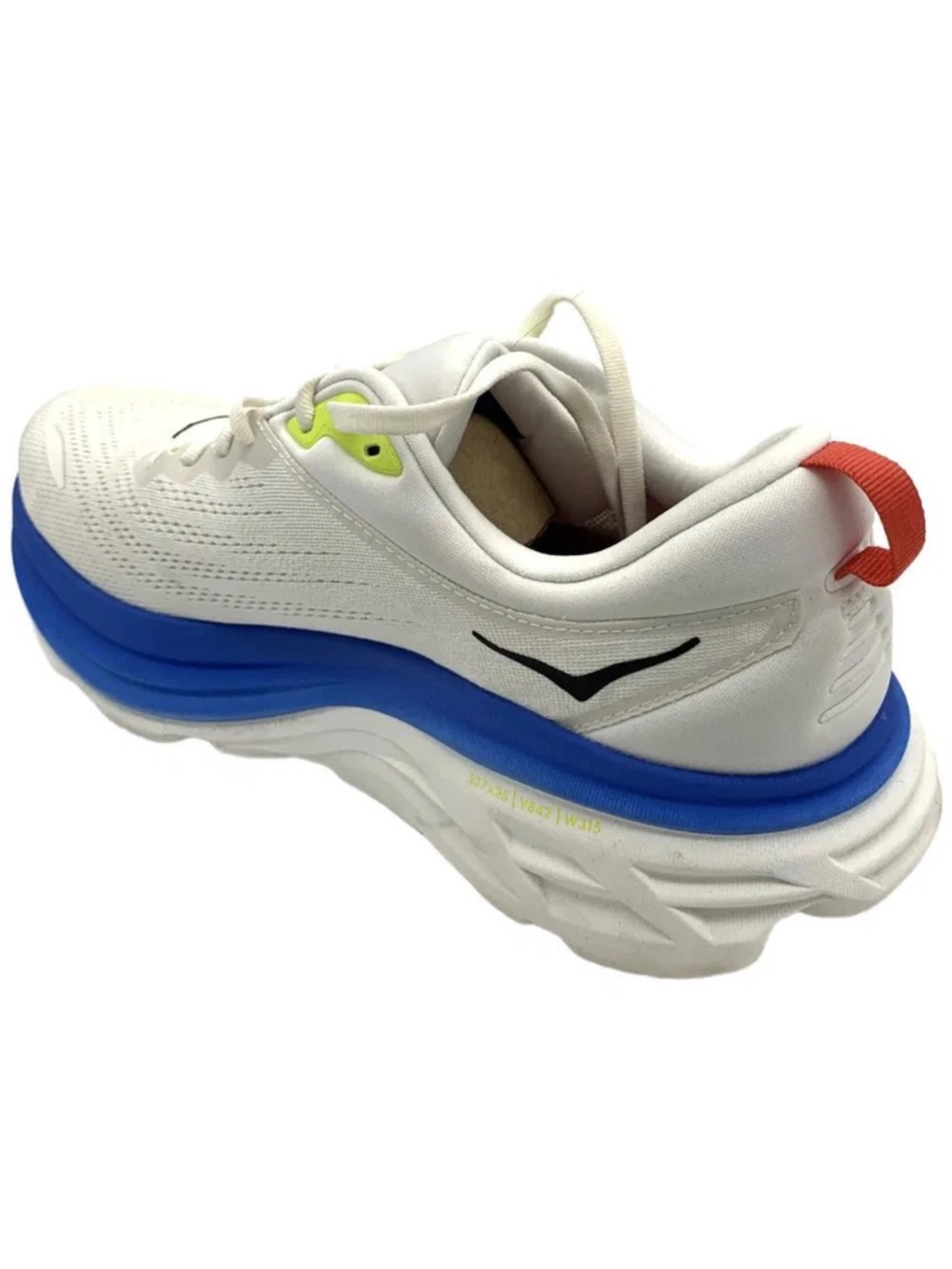 Hoka Bondi 8 White Athletic Sneaker with Blue Midsole and Red Heel Loop